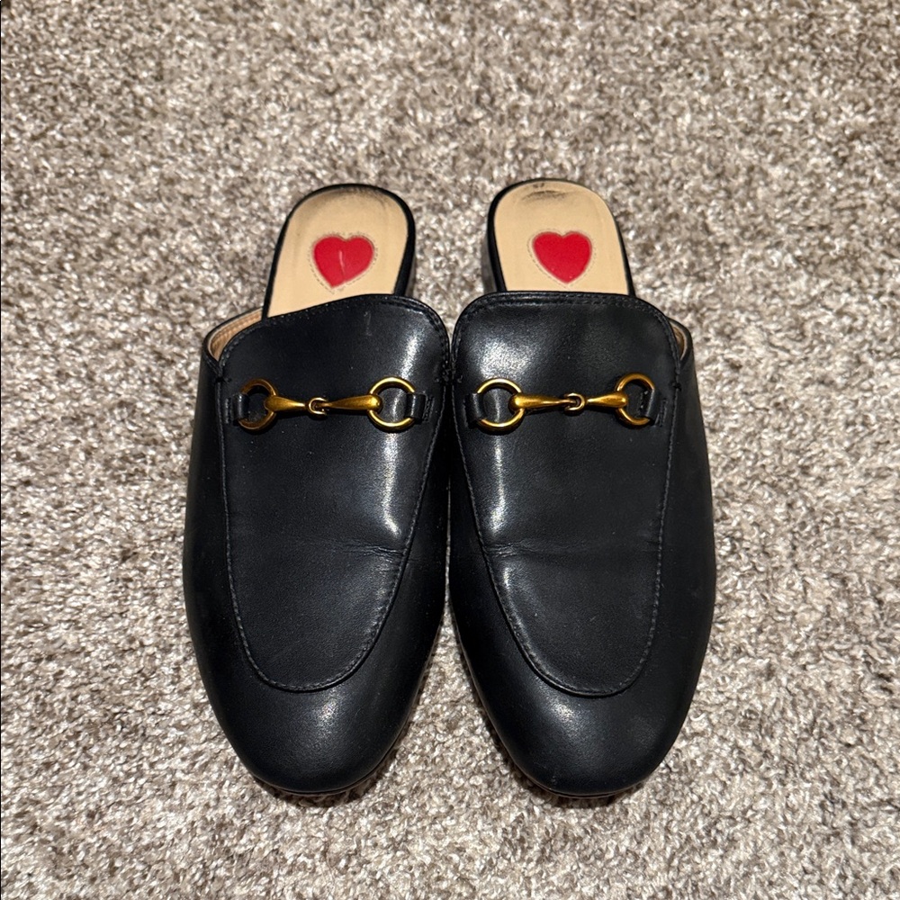 Black Leather Mules with Gold Bit Detail